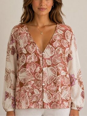 Tahari 100% Linen V-Neck Floral Shirt Top Size Large Coastal Beach Feminine